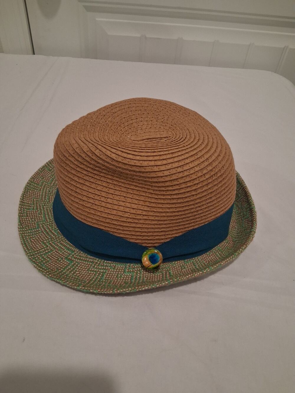 Target Women's Straw Fedora Trilby Hat Brown Green Woven Short Brim Ribbon Band
